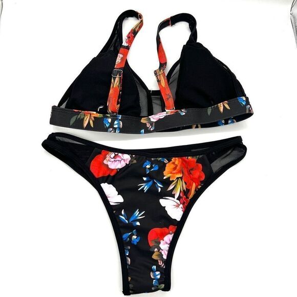 Black and Red Floral Bikini with Mesh Accents Size Medium Unbranded - Picture 7 of 16